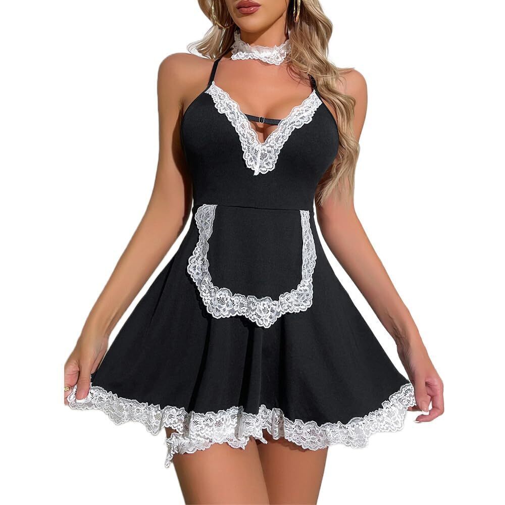 7527 Maid Dress Costume Sexy Lingerie Skirt Set Floral Lace Lingerie